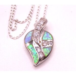 Sterling Silver 925 Blue Lab Opal 23" Pendant Necklace Women's Cable Chain CZ